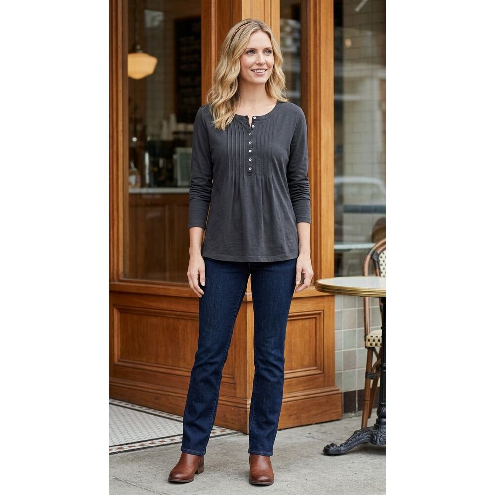 L.L.Bean Gray Henley Pleated Knit Lightweight Top Women Size L - Picture 2 of 8